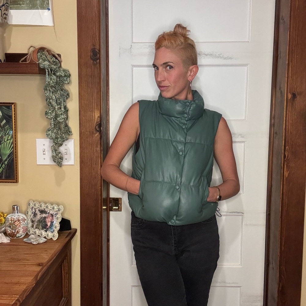 Love Tree Green Faux Leather Puffer Vest